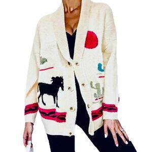 Dreamers Oversized Knit Cardigan with Horse Motif in Cream Size XS